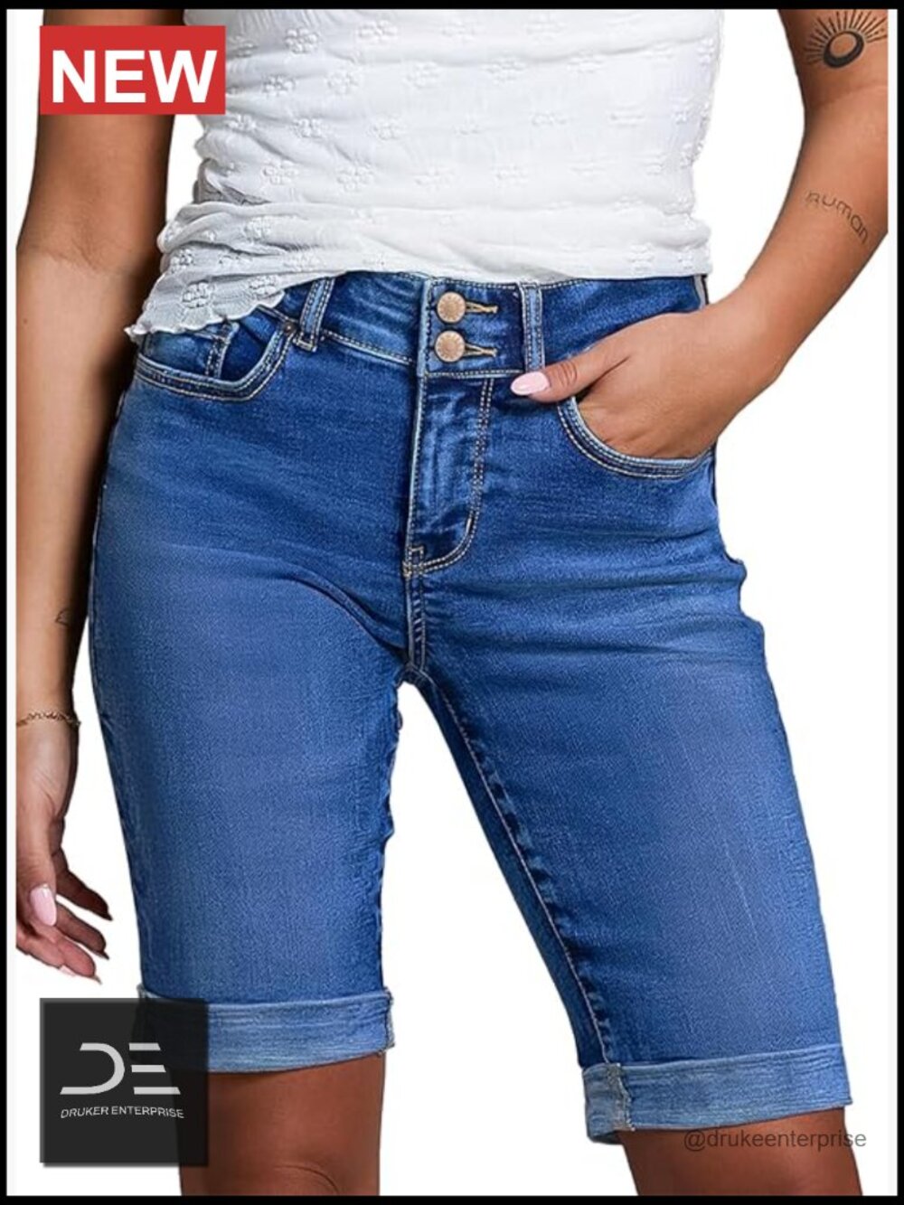 High Waisted Stretchy Bermuda Denim Shorts with Rolled Hem